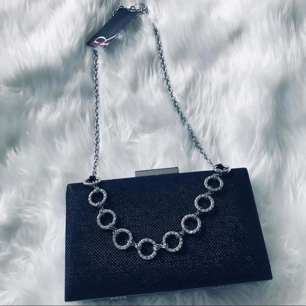 Sondra Roberts Women’s Black Rhinestone Long Chain Evening Shoulder Bag New